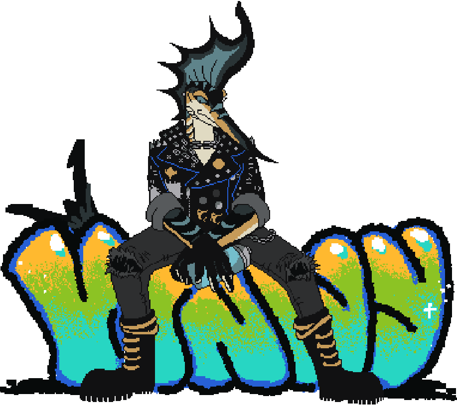 My fursona sittinng on a graffiti styled word that reads VINNY